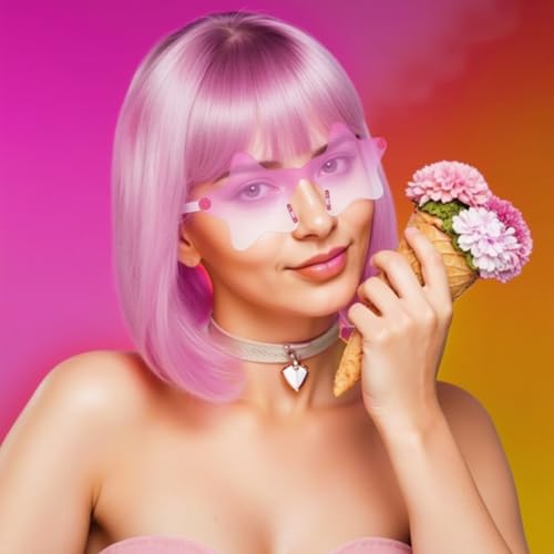 Image of ANOGOL Light Pink Bob Wig with Bangs Baby Pink Wigs for Women Colored Wigs | Hair Cap+Sunglasses Short Neon Wig for Bachelorette Party Funny Outfit for Women Halloween Costume Night Club Crazy Hair Day