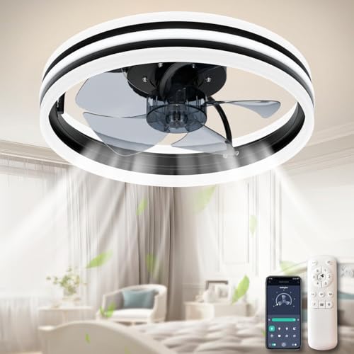 KZT Ventilador de techo LED con iluminación y mando a distancia, regulable, 6 velocidades, lámpara silenciosa con ventilador para dormitorio, salón, comedor, color negro