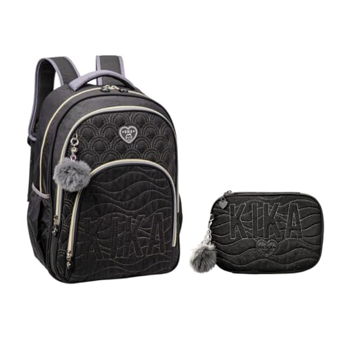 Kit Mochila e Estojo Escolar Juvenil Matelassê Kika KK24M27 (Preto)