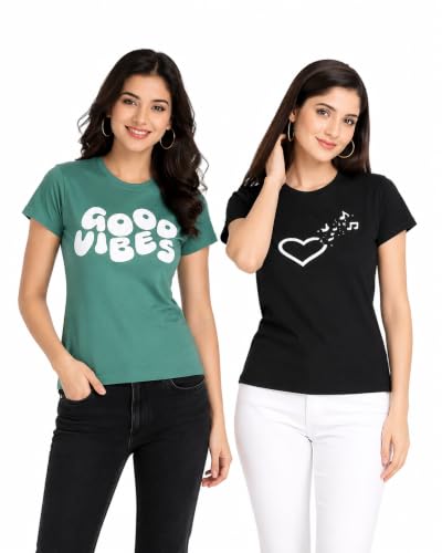 Image of Women Cotton Printed T-Shirt Combo Pack of 2 | Regular Fit Half Sleeve Round Neck Graphic Tees for Girls & Ladies | Women's Western Tops | Cute Trendy Print Summer Fashion T-Shirts