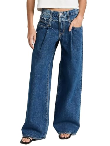 Flamingals Women's Wide Leg Baggy Jeans Mid Waisted Boyfriend Stretchy Pleated Detail Denim Jeans
