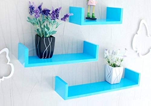 Image of DECORVISTA Wooden Handcrafted Wall Shelf Beautiful Floating Wall Racks Shelves Living & Bed Room Decor U Shaped Set of 3 (Multi) (Sky Blue)