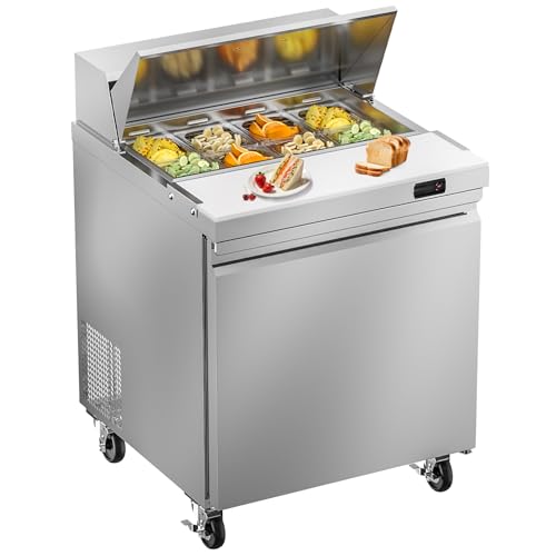 Image of Rockitch 29 inch W Commercial Sandwich Prep Table Refrigerator, 7.6 Cu.ft Stainless Steel Sandwich Prep Table with 8 Pans, Single Door Fan Cooling Salad Prep Station for Restaurant Food Prep, ETL Approved