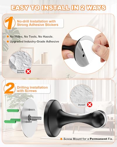 Crosize Magnetic Door Stoppers 2 Pack, Stainless Steel Door Stops for Wall and Floor Mounting, Door Holder Keep Door Open, No Drilling Door Stop with Adhesive Tapes, Black - Thumbnail 3