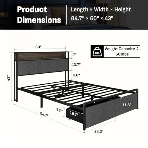Image of Softa Queen Adjustable Bed Frame with Storage Headboard and Charging Station, Power Head Lift with 2 Footboard Drawers, Upholstered Metal Frame, No Box Spring Needed