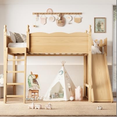 Image of Full Size Loft Bed with Storage Shelves, Cabinet & Detachable Slide and Ladders, Solid Wood Kids Loft Bed for Space-Saving, Playful & Organized Bedroom (Natural2, Full)