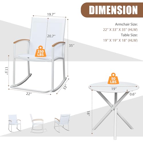 Image of Shintenchi 3 Piece Outdoor Rocking Bistro Set, Textilene Fabric Small Patio Furniture Set, Front Porch Rocker Chairs Conversation Set with Table for Lawn, Garden, Balcony, Poolside (White)