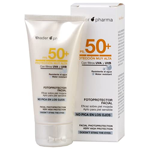 Thader Pharma Fotoprotector Facial en crema muy resistente al agua y No pica en los ojos, F.P.S 50+, 50 ml