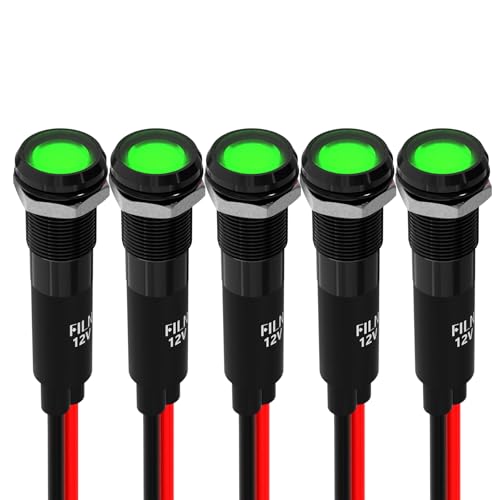 FILN 5個8mm 12-24V 表示灯LEDライト、車内用小型LEDライト、防水信号ランプ パイロットダッシュ方向指示灯 トラック・ボート用 配線付き-亜鉛アルミニウム合金（緑）