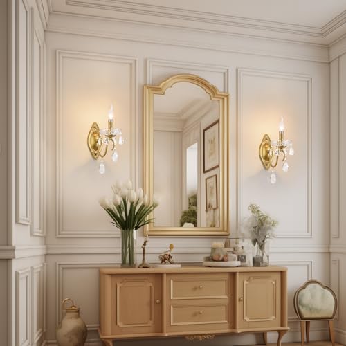 Image of Crystal Wall sconces Set of Two, Gold sconces Wall Set of 2, Vintage Crystal Wall Light, Candelabra Wall Sconce Light Fixture, Gold Brass Finish, 1-Light with Glass Drops