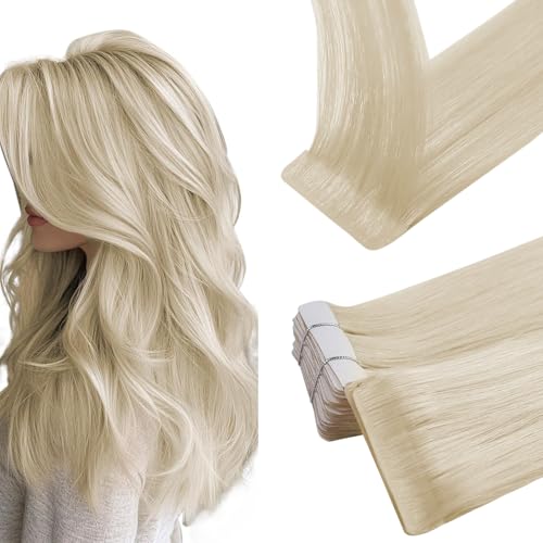 Image of Full Shine Injection Tape in Hair Extensions Human Hair Color 60 Blonde 18 Inch 20Pcs 50G Double Sided Injected Tape in Extensions Silky Straight with Thick Ends for Casual Outings