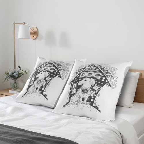 ABAKUHAUS Labrador Kissenbezug Packung mit 2, Zuhause ist, wo der Hund Kalligraphie mit Zier-Welpen nach Hause Doodle ist, Dekorativer Standard Gedruckter Kissenbezug, 80 x 80 cm, Charcoal Grau Weiß
