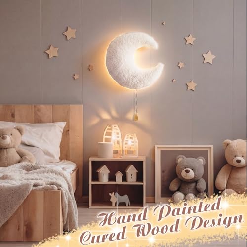 Image of Aurelema Fluffy Moon Night Light Wall Lamp Sleeping Nursery Lighting Cute Floating Battery Operated Hanging Lamp for Baby Boys Girls Bedroom Room Nursery Wall Decorations