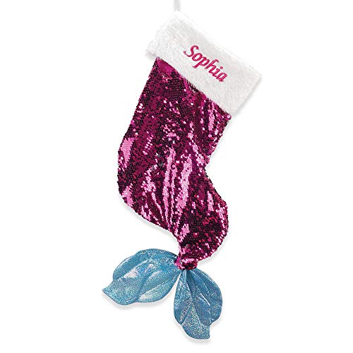GiftsForYouNow Pink Sequin Personalized Mermaid Christmas Stocking, Embroidered for Little Girl, Mermaid Tail With Reversible Sequins