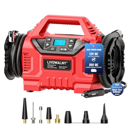 3X Faster Cordless Tire Inflator Air Compressor Pump Compatible With Milwaukee 18V Battery, LIVOWALNY 160PSI 12V DC/18V DC with Pressure Gauge & Deflator for Car, Air Mattresses (Tool Only)