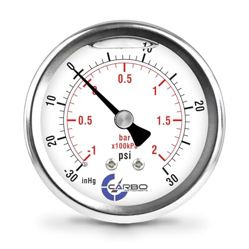 Image of Compound Pressure Gauge -30 inHg to 30 PSI, Liquid Filled, 2.5 inch Dial, 1 /4 NPT Back Mount, 304 Stainless Steel Case, Brass Wetted Parts, PSI /inHg - ASME B40.1 Grade A