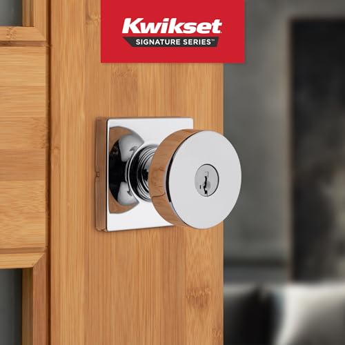 Image of Kwikset Pismo Entry Door Knob with Lock and Key, Secure Keyed Handle Exterior, Front Entrance and Bedroom, Polished Chrome, 4 Pack, Pick Resistant SmartKey Rekey Security
