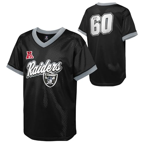NFL Kids Youth Boys 8-20 Officially Licensed Division Established Team Color Mesh V-Neck Wordmark Primary Logo Jersey - Las Vegas Raiders - Black - Medium 10/12