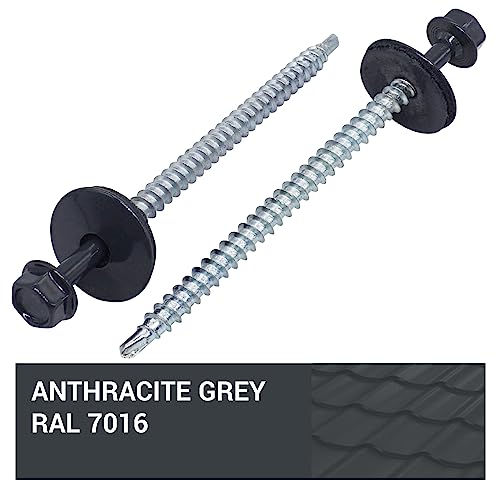 SKIR'CO (100 pcs) Painted Roofing Screws 4.8 x 80 mm, Hex Head, Self-Drilling Screws With EPDM Washers (Anthracite Grey, RAL 7016) - Image 4