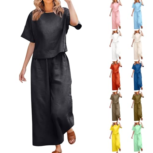 Leinen Baumwoll Zweiteiler Damen Top Sommer 2 Teiler Hosenanzug Set Elegant Freizeitanzug Casual Top und Weite Beine Hose Outfit Hosenanzug mit Taschen – Lässig für Büro, Reisen, Strand oder Home