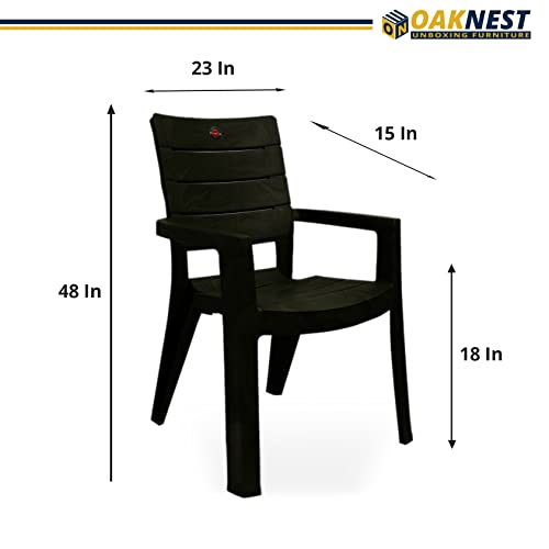 Image of OAKNEST Cello Jordan High Back Plastic Chair| Arm Rest Chair for Living Room, Bed Room and Garden Use| Weight Bearing Capacity 200 Kgs| Replascement Warranty* (Black), Set of 2 Piece