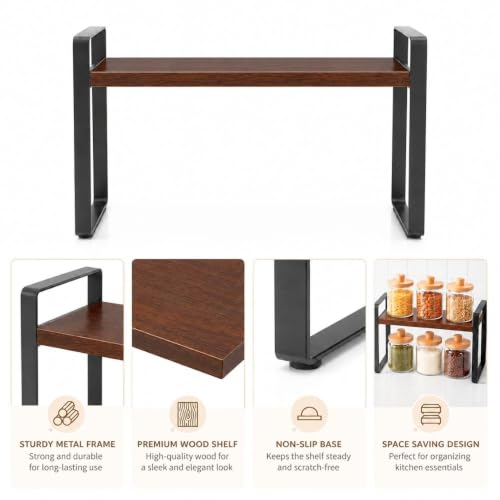 Image of Decorlay Metal & Engineered Kitchen Storage Rack, Wood Shelf, Countertop Organizer for Jars & Spices 40x23x19.5cm (Oak Frame Rack (Brown)