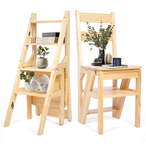 Uyoyous Sgabello Pieghevole in Legno a Quattro Livelli, Sedia per Scale Multifunzionale, Scaletta per Casa, Cucina e Biblioteca