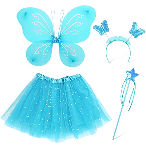 Capaneus Feen Kostüm Kinder Mädchen, Blau Schmetterlingsflügel, Feen Prinzessin Tutu Tüllrock, Feenflügel Kostüm Set mit Zauberstab, Haarreif für Mädchen Fasching, Karneval, Halloween Dress Up