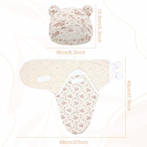 Image of Cinaci 2 Pack Adjustable Soft Cotton Blend Newborn Baby Receiving Swaddle Blankets Sleep Sacks with Nursery Hats Caps Beanies Bonnets for Baby Girls Boys Newborns Infants