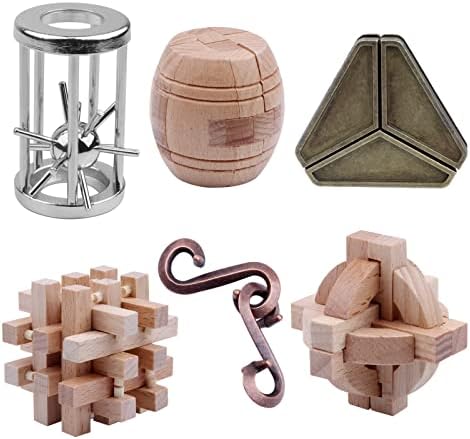 Brain Teaser Puzzles for Kids Adults Puzzle Games Mind Puzzles Wooden and Metal Puzzles Educational Toys 3D Puzzles Unlock Interlock IQ Puzzles Box 6Pcs