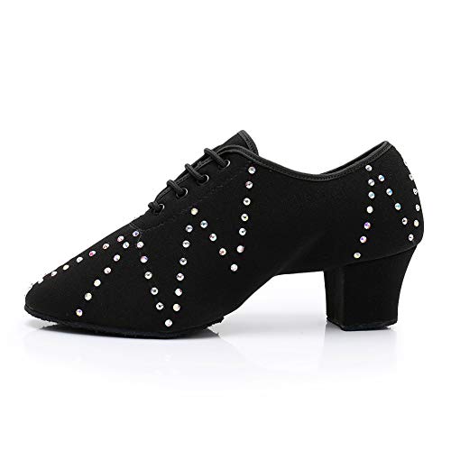 JUODVMP Latin Dance Shoes Women Black Rhinestone Practice Closed Toe Men Ballroom Modern Salsa Dance Teaching Shoes Suede Sole Split Sole 5cm Heel,Model WH701, 8.5B(M) US