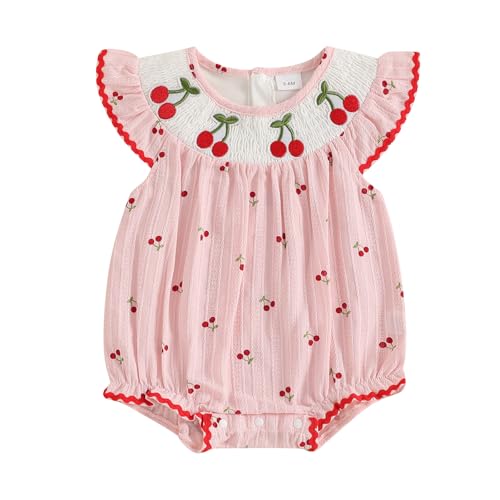 Newborn Smocked Baby Girl Bubble Romper Sleeveless Ruffle Linen Bodysuit Infant Cherry Fruit Summer Outfit