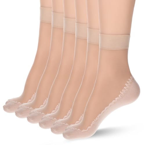 HekouJiub 12 Paar Nylonstrümpfe Damen Transparent Nylon Socken Trachtensocken Rutschfest Kurzsocken Damen Nylonsocken Seidige Transparente Söckchen Anti-Rutsch Seidenstrümpfe (Hautfarbe)