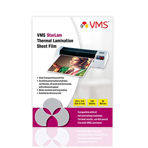 Image of VMS Starlam Thermal A4 Lamination Pouch Sheets 225mmx310mm 80 Micron 100 Laminating Sheets for Certificate and Documents
