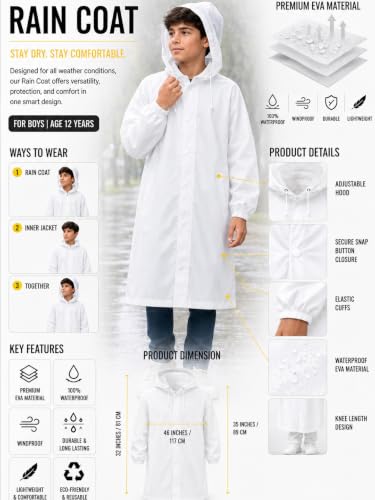 Image of Unisex Kids Raincoat with Hood | Waterproof Lightweight Long Rain Jacket for Boys & Girls