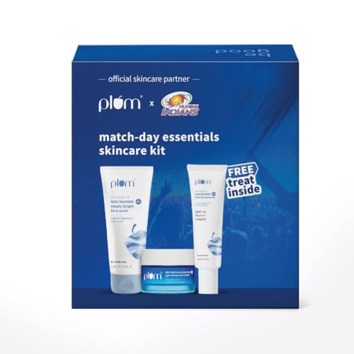 Image of Plum x Mumbai Indians Match-Day Skincare Combo | Facewash, Moisturiser & Sunscreen | CMS Routine for Beginners | Daily Glow & Sun Protection Kit | 100% Vegan | For Men & Women