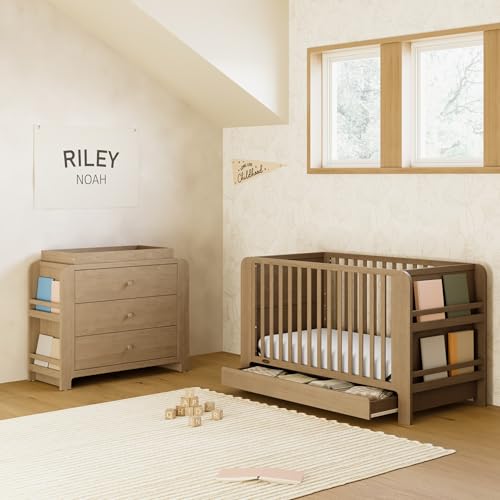 Image of Graco Read-with-Me 4-in-1 Convertible Crib with Drawer - GREENGUARD Gold Certified Converts to Toddler Bed, Daybed, and Functional Bookshelves (Driftwood)