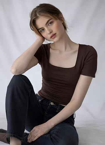 Image of SIGHTBOMB SOFTLINE SQUARE NECK DOUBLE LAYER SHORT SLEEVE MICROFIBER CUDDLE TEE AFFORD LUX EDITION FEATHER TOUCH TOP FOR WOMEN