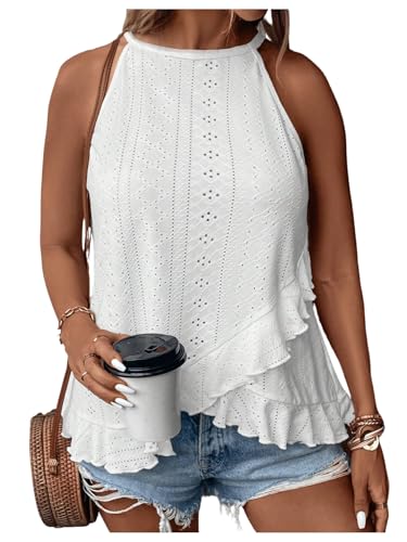 Image of GORGLITTER Women's Asymmetrical Ruffle Halter Neck Tops Plus Size Sleeveless Eyelet Flowy Going Out Tops for Women UK White XX-Large Plus