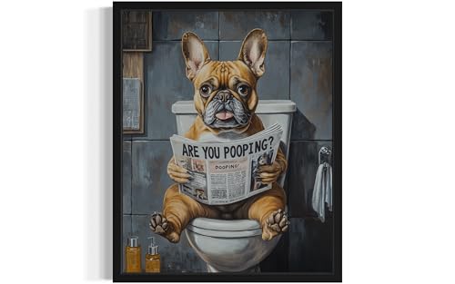 Image of French Bulldog on Toilet Black Framed Wall Art Print Poster, Dog Bathroom Humor Decor Posters Prints for Restroom Home Picture Painting Artwork Gallery 7 (French Bulldog, 10 inchL x 8 inchW, Black Frame)