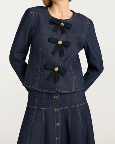 Women's Long Sleeve Cropped Collarless Jean Jacket Button Down Casul Slim Fit Y2k Bow Short Denim Jackets4