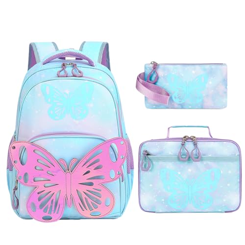 IQUQIXL Mochila infantil para meninas, 3 peças, mochilas escolares com asas de borboleta, lancheira, estojo de lápis pré-escolar para meninas de 4 a 6 anos, Azul, One Size, Borboleta