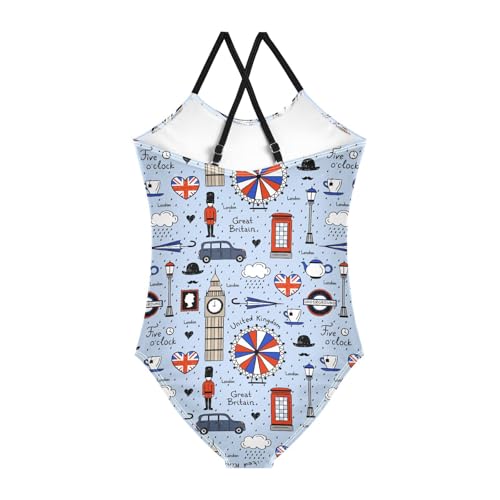 Girls Retro English London Swimsuit One Piece Bathing Suit Kids Swimming Suits Beach Swimwear 3-10T2