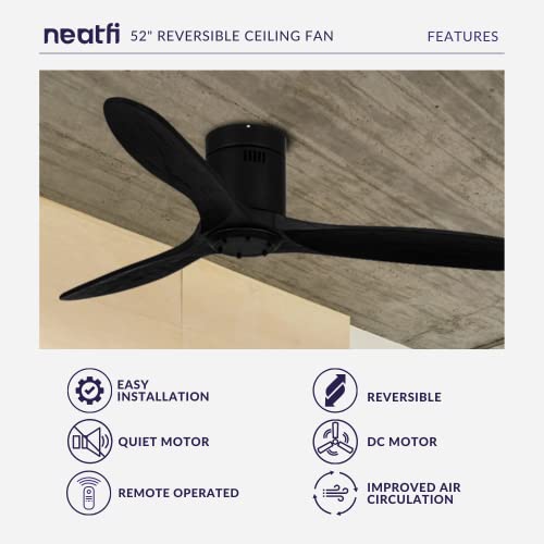 Neatfi Nordic Simple 52" Flush Mount Ceiling Fan With 3 Solid Wood Blades, 6-Speed Remote, Quiet Dc Motor (Black) #TOP1