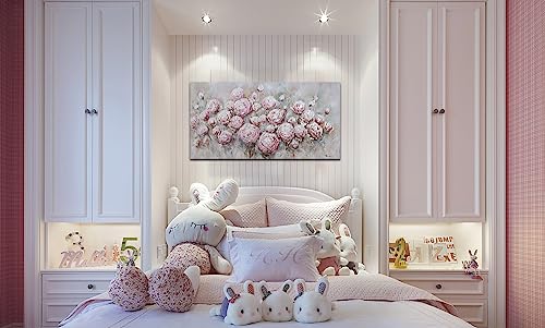 Anolyfi Pink Flowers Floral Canvas Wall Art Abstract Rose Bloosom Botanical Painting Silver Textured Picture Framed Artwork For Bathroom Bedroom Living Room Office Home Large Decor 40"X20" #TOP3