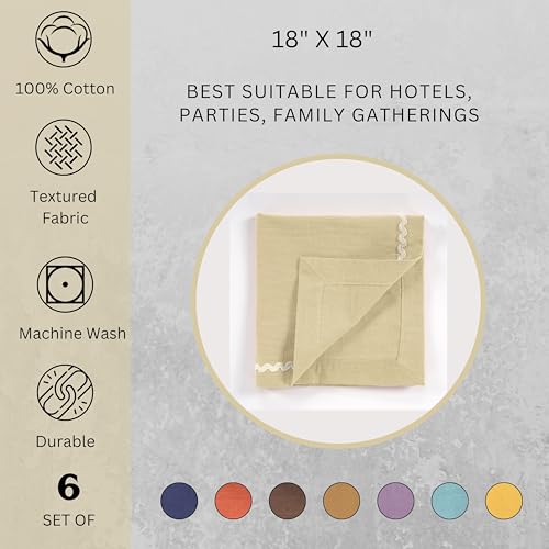 Image of FINGERCRAFT Cloth Napkins Set of 6, 18x18 Inch, 100% Cotton Table Napkins with RIC Rac Scallop Lace Trim, Reusable Washable Dinner Napkins for Wedding, Party, Dining & Home Decor (Beige)