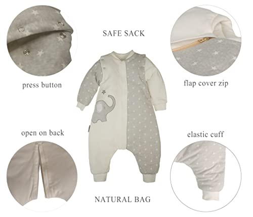 Image of Baby Wearable Blanket With Leg Grey Cotton 2-4T Toddler Sleep Sack 36M Removable Long Sleeves Early Walk Sleeping Bag Quilted Filling Infant Winter Tog 2.5 Warm Kids Sleeper