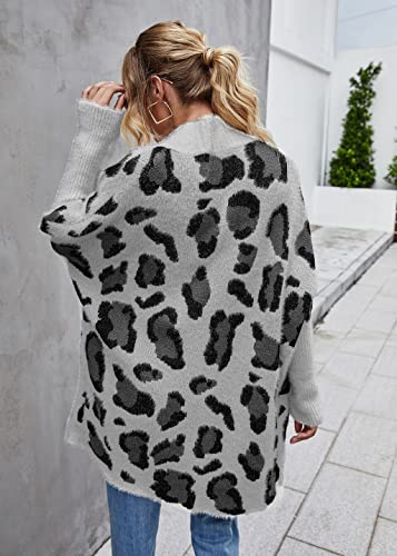 Image of Women's Long Sleeves Open Front Casual Leopard Print Fuzzy Knitted Sweater Cardigan Coat Outwear
