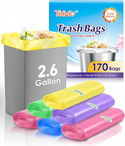 Small Trash Bags 2.6 Gallon 170 Count Strong Trash Bags Colorful Small Garbage Bags Trash Can Liners for Bathroom Home Office Kitchen Bedroom fit 5-10 Liter 1 1.2 1.6 2 2.6 3 Gal Multicolor