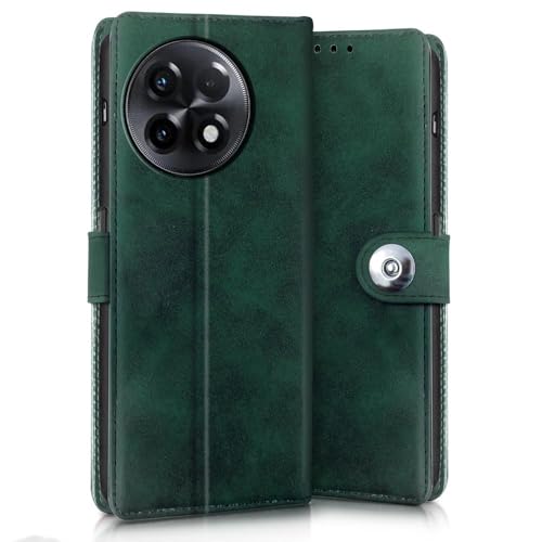 Image of WOW IMAGINE Shock Proof Flip Cover Back Case for 1+ OnePlus 11R 5G (Magnetic Button Flip Case | Wallet Pockets & Stand | Leather Finish | Forest Green)